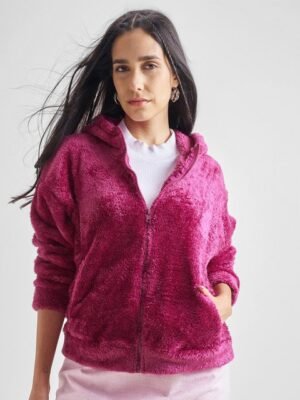 Tokyo Talkies Pink Hooded Oversized Front-Open Sweatshirt