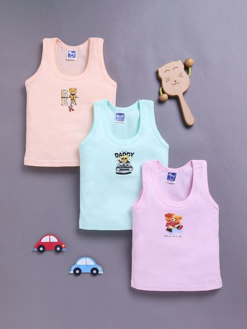 Unfab Infant Boys Assorted Pack Of 3 Printed Cotton Basic Vests W66-BOYS-VEST