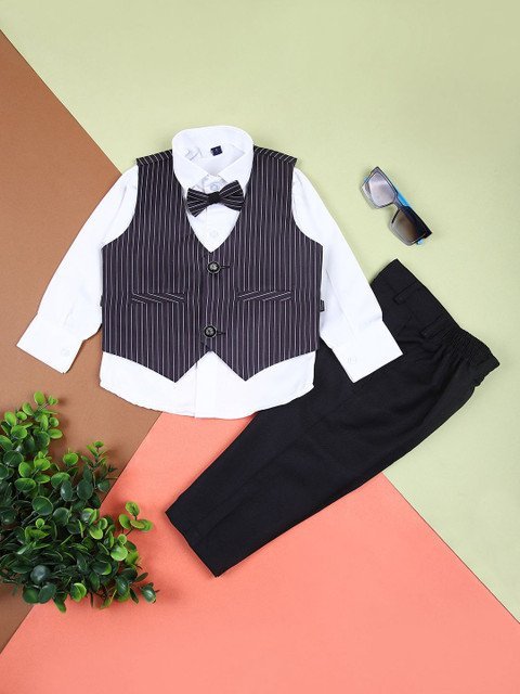 V-Mart Boy Striped Mandarin Collar Single-Breasted 3 Piece Suits