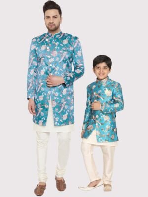 VASTRAMAY Boys Angrakha Style Slim-Fit Indo Western Printed Sherwani