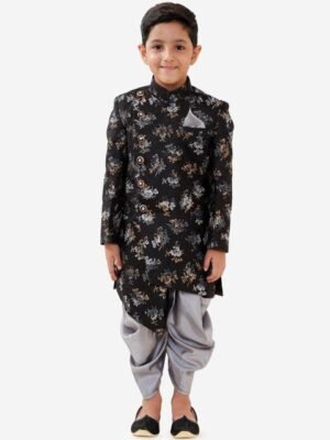 Vastramay Boys Black & Silver Floral Printed Sherwani Set
