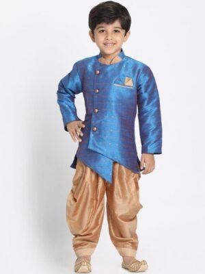 VASTRAMAY Boys Blue & Rose-Golden Woven Design Slim-Fit Sherwani