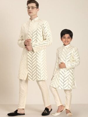 VASTRAMAY Boys Embroidered Mirror Work Sherwani With Trousers