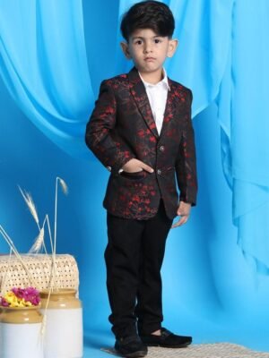 VASTRAMAY Boys Maroon Jacquard Woven Single Breasted Blazers