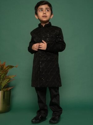 VASTRAMAY Boys Sequined Embroidered Velvet Indo Western Sherwani Set