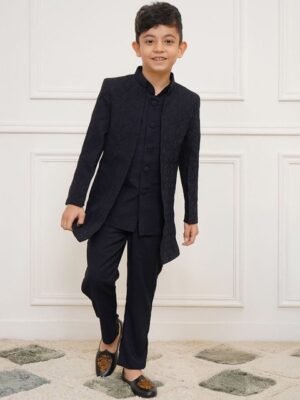 Vastramay Boys Slim Fit Front Open Embroidered Sherwani Set