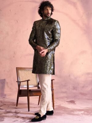 VASTRAMAY Embellished Sequinned Mandarin Collar Sherwani Set