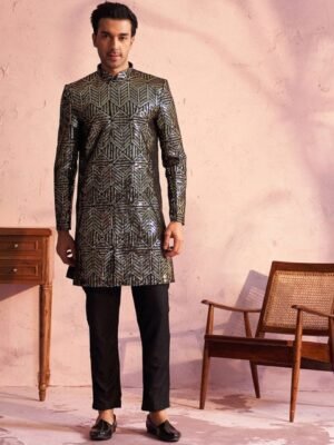 VASTRAMAY Embellished Sequinned Slim Fit Sherwani Set