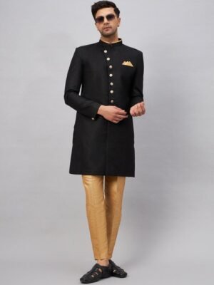 VASTRAMAY Jute Mandarin Collar Jute Cotton Sherwani Set