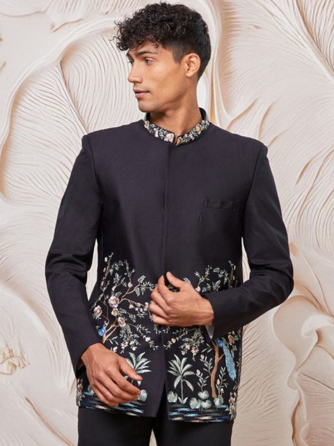 Vastramay Mandarin Collar Embroidered Bandhgala Blazer