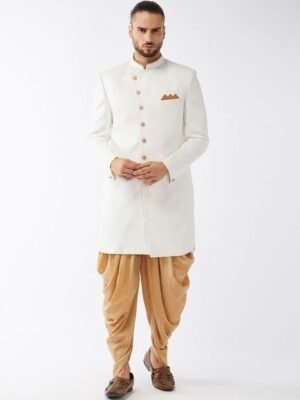 VASTRAMAY Mandarin Collar Jute Cotton Slim-Fit Sherwani Set
