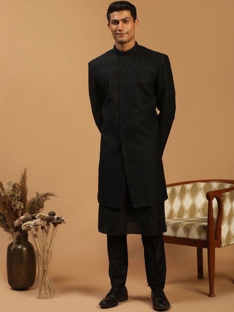 VASTRAMAY Men Black Printed Slim-Fit Sherwani Set