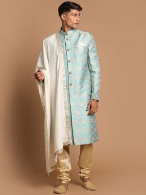 VASTRAMAY Men Blue & Cream-Coloured Printed Slim-Fit Sherwani