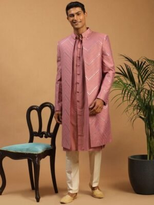 VASTRAMAY Men Pink & Cream-Coloured Mirror Work Front Open Sherwani Set