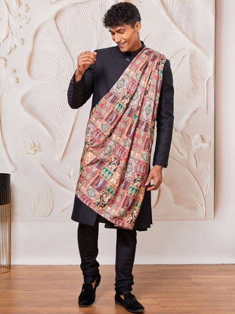 VASTRAMAY Men Textured Sherwani Set With Printed Dupatta
