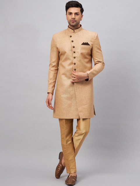 VASTRAMAY Self-Design Mandarin Collar Jute Cotton Sherwani Set