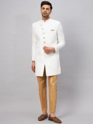 VASTRAMAY Self-Design Mandarin Collar Jute Cotton Sherwani Set