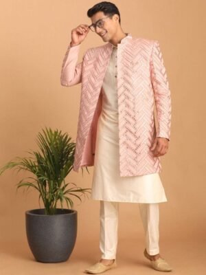 VASTRAMAY Slim-Fit Embroidered Mirror Work Sherwani Set
