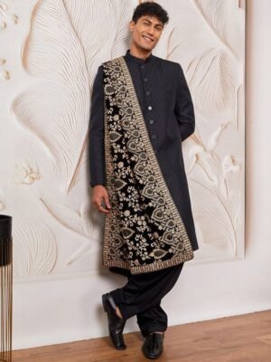 VASTRAMAY Textured Sherwani Set With Woven Dupatta