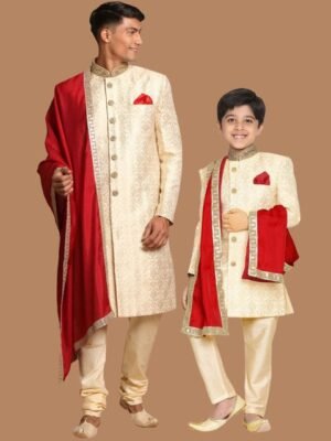 VASTRAMAY Woven Design Mandarin Collar Sherwani Set