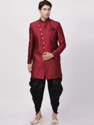 VASTRAMAY Woven Design Mandarin Collar Slim-Fit IndoWestern Sherwani Set