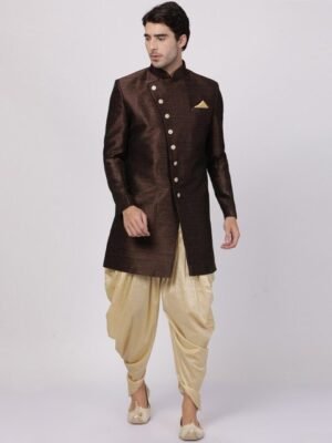 VASTRAMAY Woven Design Mandarin Collar Slim-Fit IndoWestern Sherwani Set