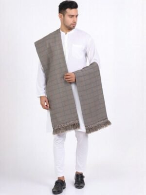 Vrinde Men Beige And Grey Checkered Pure Woolen Regular Shawl