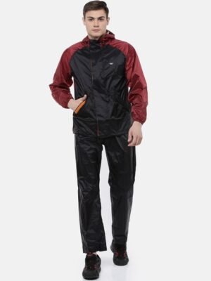 Wildcraft Black & Maroon Colourblocked Rain Cheater Suit