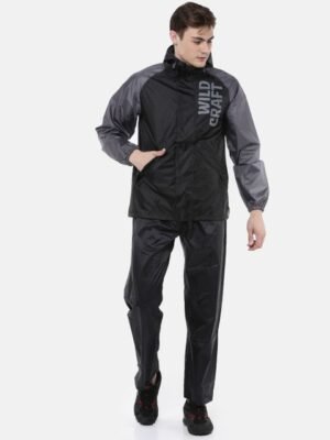 Wildcraft Men Black and Grey Printed HypaDry Hooded Rain Suit