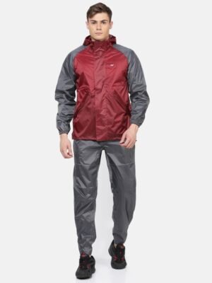 Wildcraft Men Maroon & Grey Solid Hooded Rain Suit