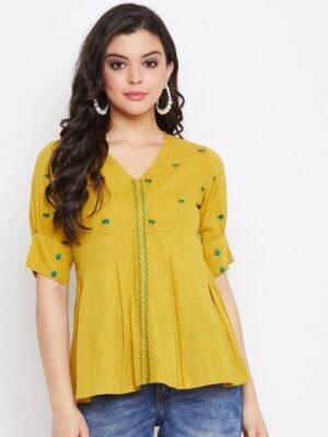 WineRed Mustard & Blue Embroidered A-Line Top