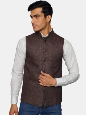 Wintage Men Brown Woven-Design Woolen Nehru Jacket