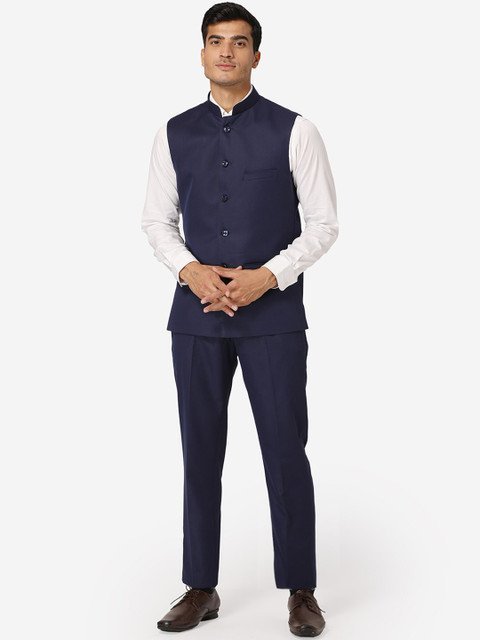 Wintage Men Navy Blue Solid Bandhgala Formal Two-Piece Suit