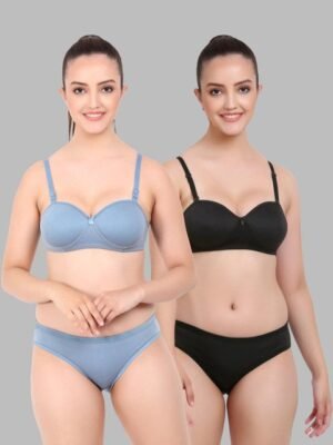 Women Blue,Black Cotton Bra Panty Set for Lingerie Set Undergarments Pack of 2