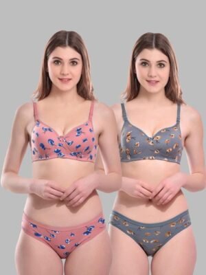 Women Pink,Blue Cotton Bra Panty Set for Lingerie Set Undergarments Pack of 2