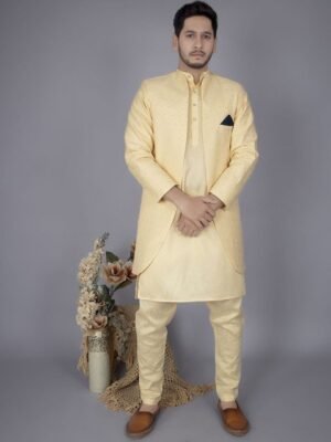 Xepon Self Design Mandarin Collar Neck Sherwani Set