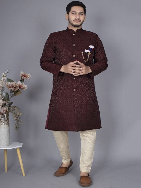 Xepon Self-Design Mandarin Collar Sherwani Set