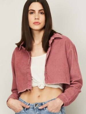 Xpose Women Pink Drop Shoulder Corduroy Cropped Shacket