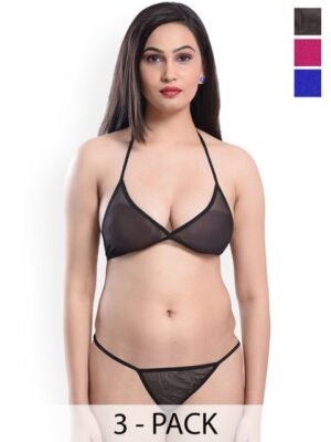 Xs and Os Pack Of 3 Non-Padded Lingerie Sets CB3_BP_POW_X1_BLK_RBLUE_ROSE_NY_SMALL
