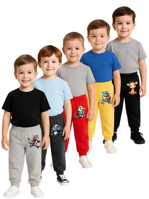 YK Kids Pack Of 5 Printed Mid-Rise Warm Winter Joggers