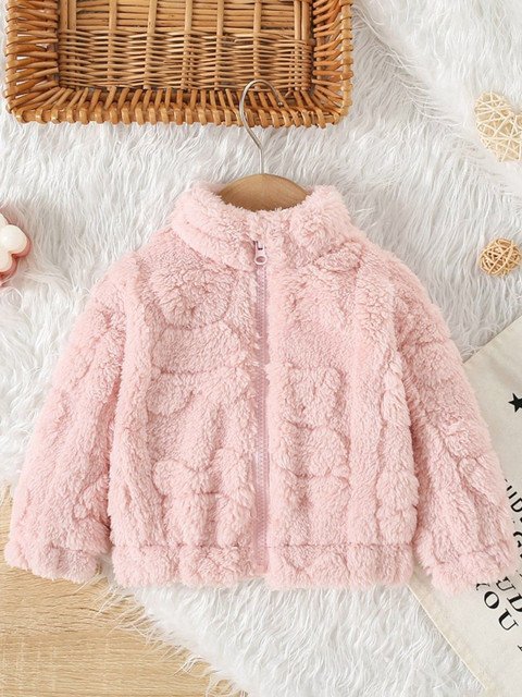 YK Unisex Mock Collar Self Design Sherpa Jacket