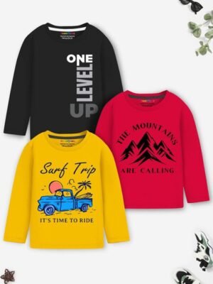 YK X Trampoline Boys Pack of 3 Typography Printed Round Neck Relaxed Fit T-shirts