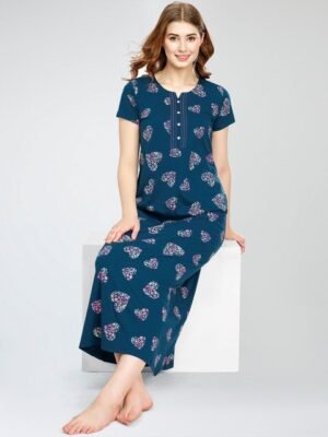 Zeyo Graphic Printed Pure Cotton Maxi Nightdress