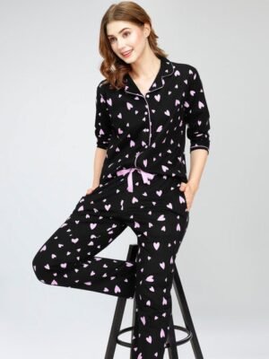 Zeyo Lapel Collar Conversational Printed Pure Cotton Night suit