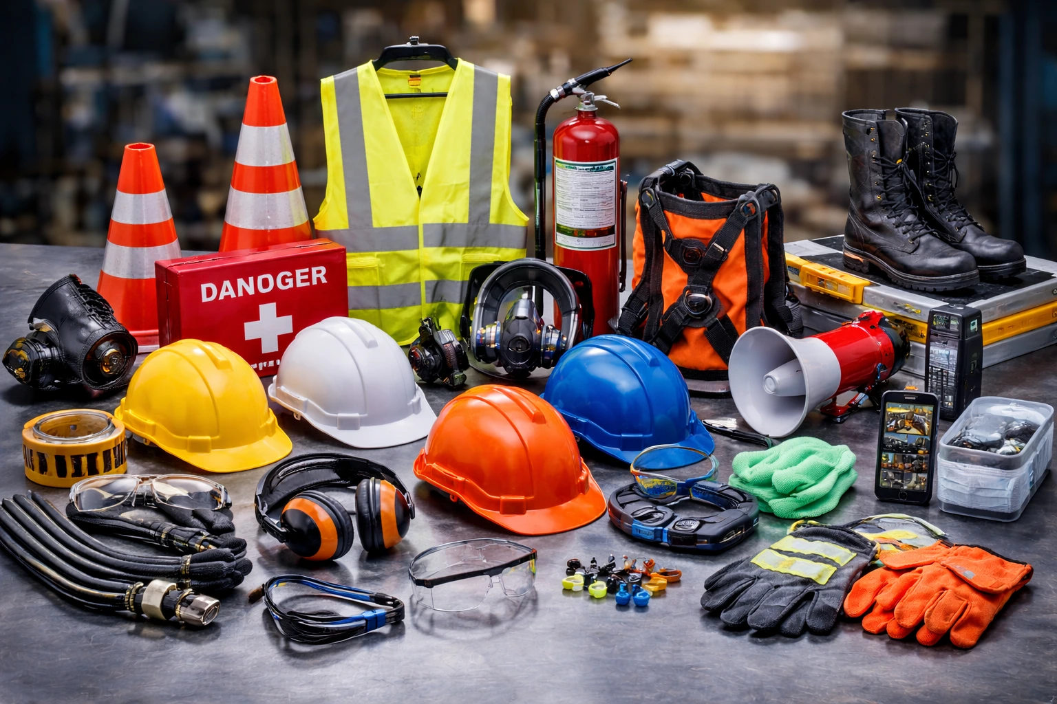Industrial safety gear essentials displayed
