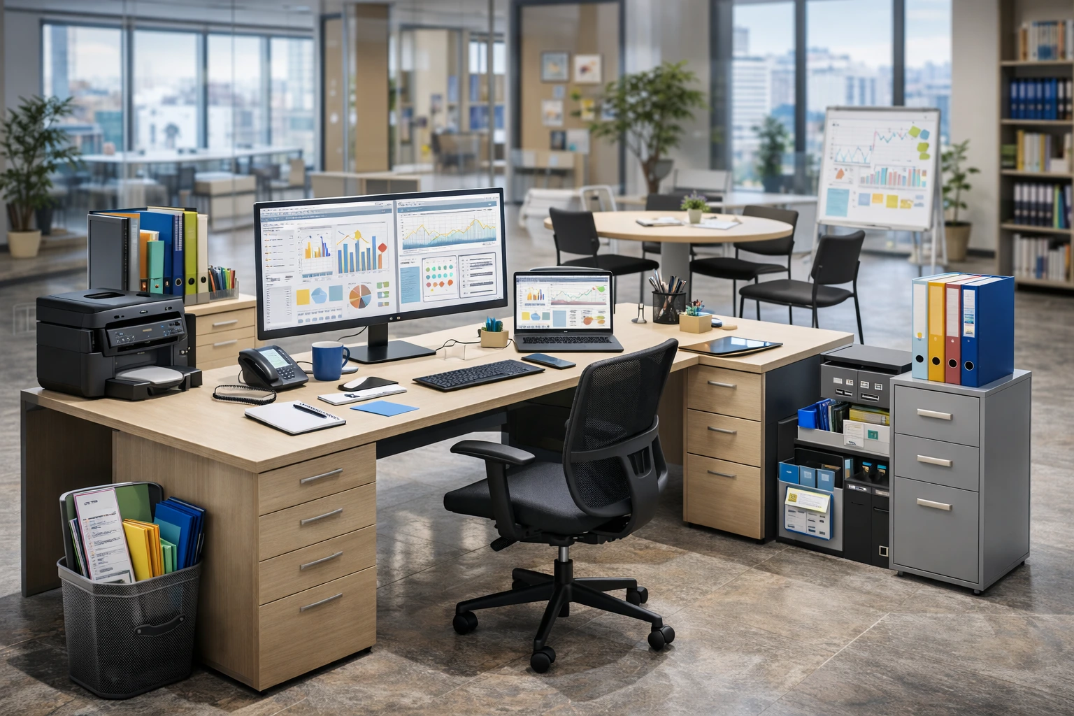 Modern office workspace with city view